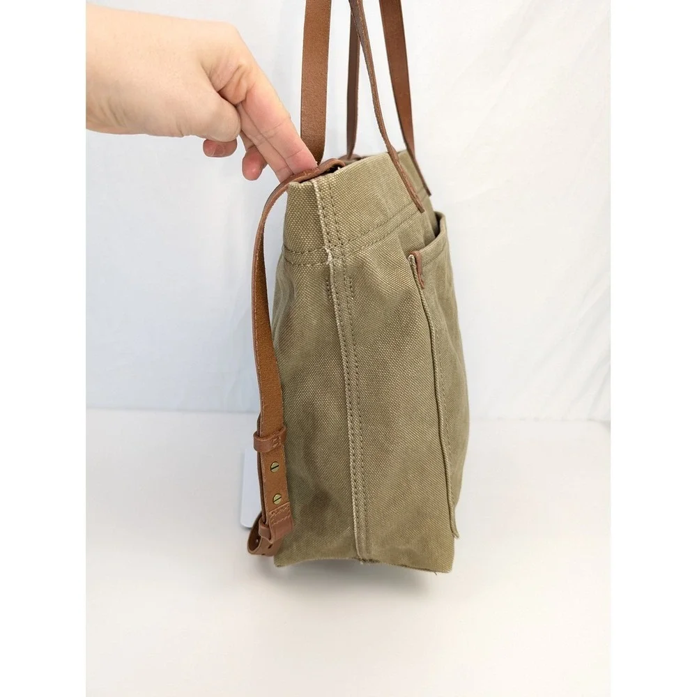 Madewell Canvas Leather Tote Bag Green Utility School Grocery Granola Beach - Picture 3 of 10